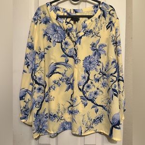 Talbots Yellow and Blue Tunic Blouse Birds Flowers 3/4 Sleeve XL EUC